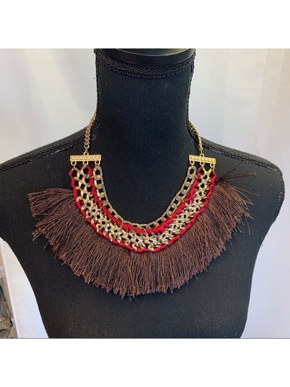 🛍3/$20 BOHO brown tassel gold chain braided ethnic tribal necklace